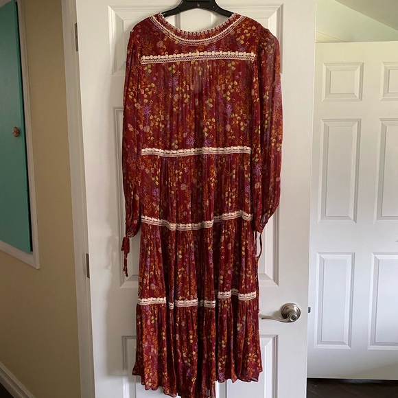 Free People Call on Me Maxi Top Dress Sz M burgundy sheer long sleeve embroidery - Picture 2 of 5